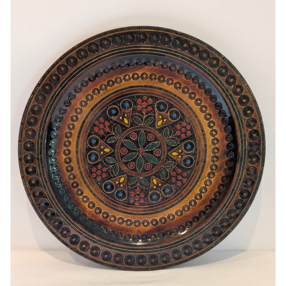 PTTK BORT Krakow Wall Platter Brown Polish Folk Art Hand Painted Carved Wood
